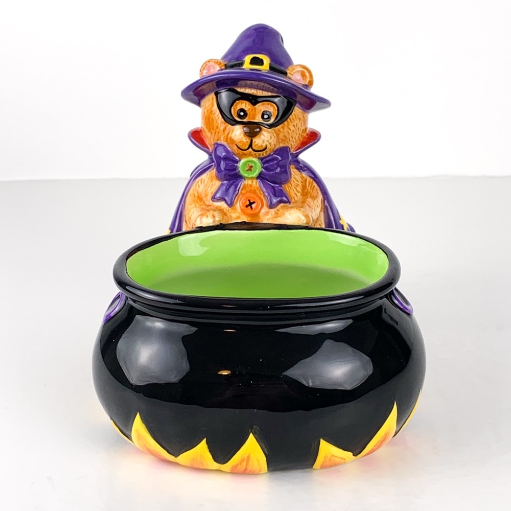 Y2K candy dish vintage CKAO ceramic witch bear w/ cauldron Halloween treat bowl